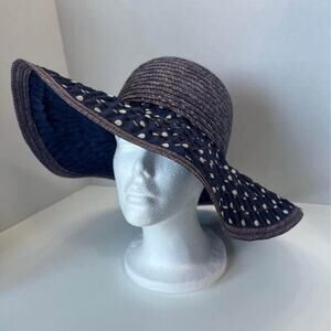 Navy and white polka dot straw hat